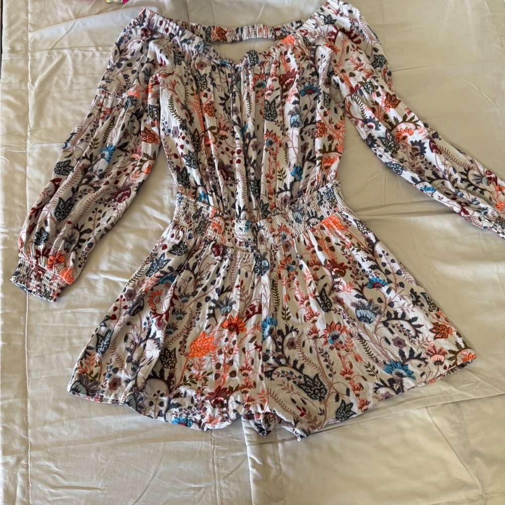 Free People‎ Womens SM Floral Romper Off Shoulder Boho Smocked Waist Long Sleeve